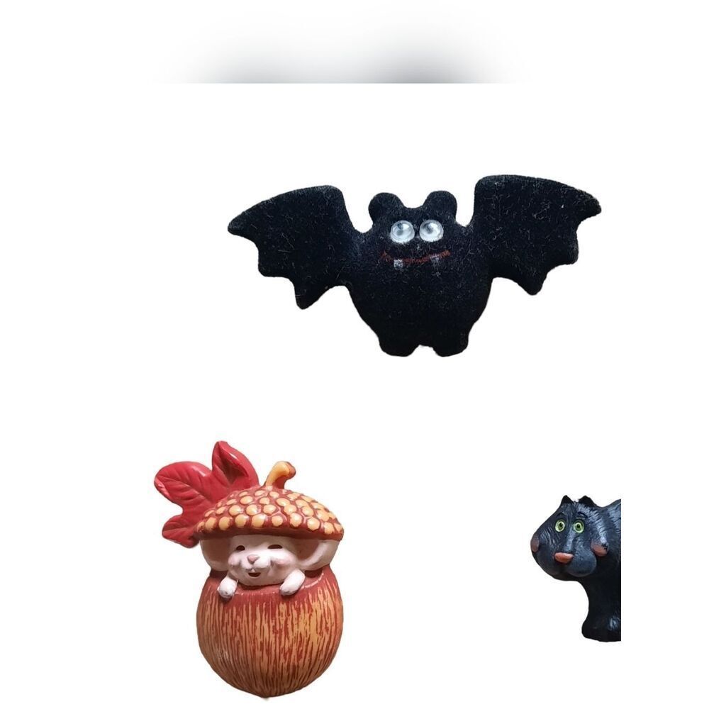Hallmark Black Bat, Orange Acorn Elf, Black Cat Brooch Trio